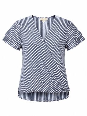 MICHAEL KORS | Blue White Striped Coastal Crossover Wrap Top‎ Flutter Sleeve | S